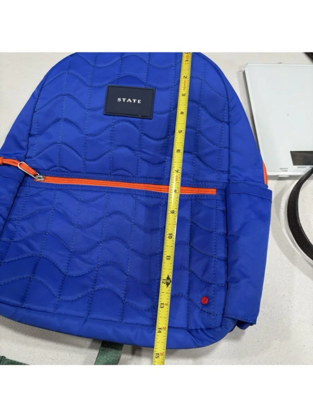 STATE Quilted Blue Backpack Orange Zips 15x12x4 Bottle Pocket Polyester